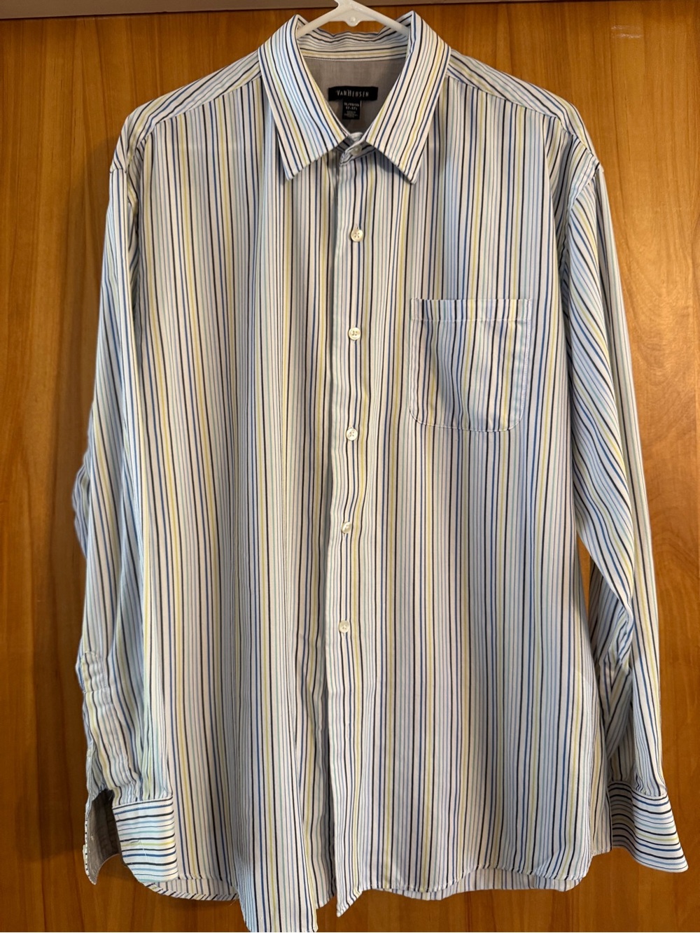 Van Heusen Striped Long-Sleeve Dress Shirt in Blue and White